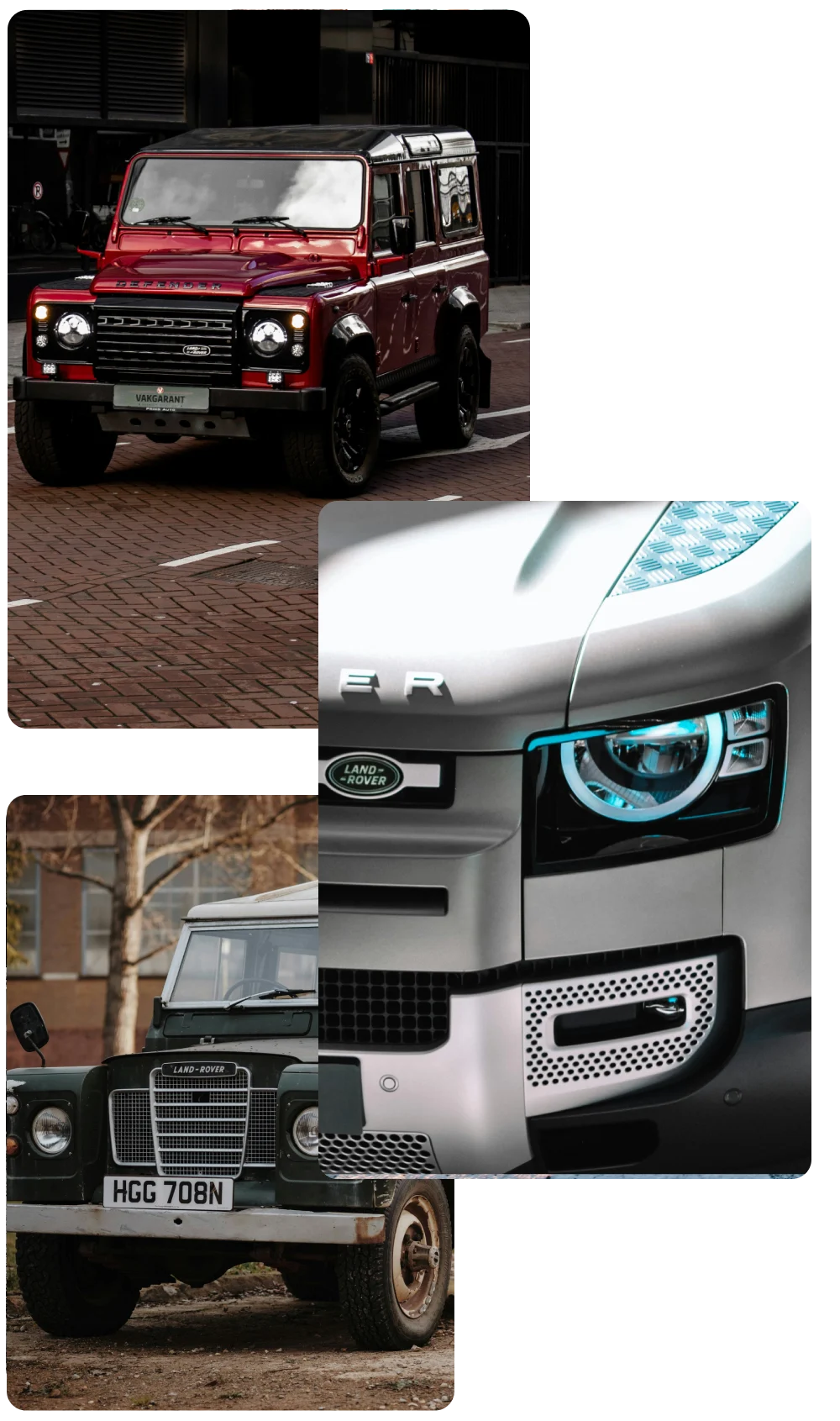 Land Rover Defender servicing at AJ 4X4 – various models in workshop and field settings